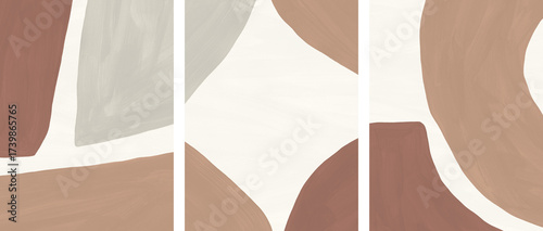 Modern abstract background set with organic forms and earthy colors. Creative gouache texture collection with paint brush strokes. Neutral triptych design in terracotta, beige, sienna shades
