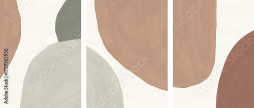 Modern abstract gouache texture collection with paint brush strokes. Contemporary background set with organic forms and earthy colors. Art triptych design in terracotta, beige, sienna, green shades