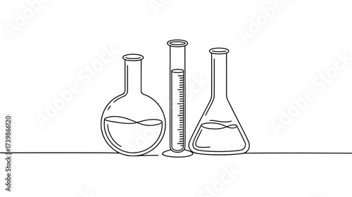 Minimalist line drawing of round-bottom flask, graduated cylinder, and Erlenmeyer flask with liquid, symbolizing chemistry and lab science tools