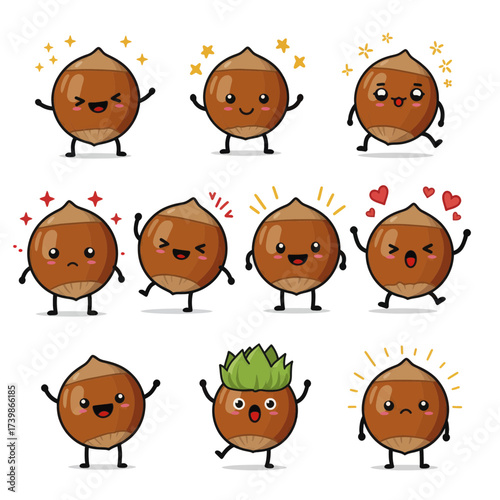 Set of cute hazelnut cartoon characters with various expressions.