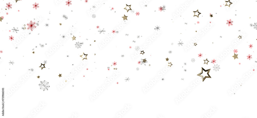 Fototapeta premium Elegant holiday background with gold stars, snowflakes, and sparkling details against a clean white backdrop. Perfect for seasonal designs, invi