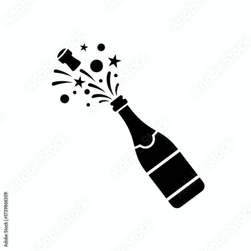 A celebratory black silhouette icon depicting a champagne bottle with its cork popping and bubbly liquid splashing outwards symbolizing joy and festivity