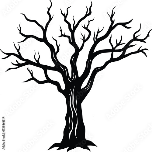 Leafless Tree Silhouette Illustration with Twisted Branches in Black and White