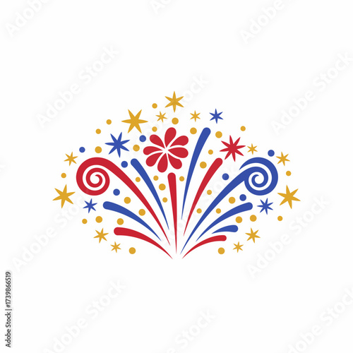 Vibrant burst of festive fireworks and sparkling stars in red blue and yellow celebrating joyful occasions and special events