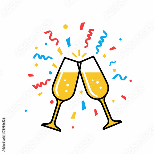Two elegant champagne flutes clinking together in a celebratory toast surrounded by a vibrant explosion of colorful confetti and streamers symbolizing joy and festivity