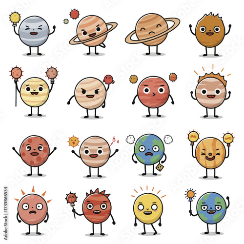 Set of Cute Cartoon Planet Characters with Various Expressions.
