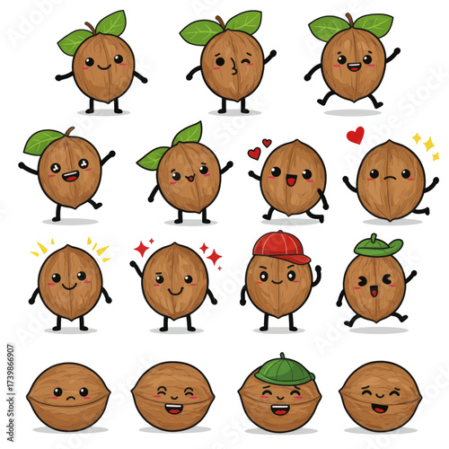 Set of cute walnut cartoon characters with various expressions and poses A collection of adorable nut mascots.