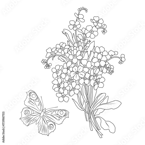 Forget-me-not bouquet and butterfly