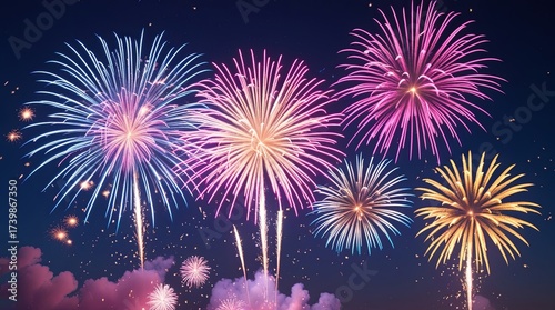 Vibrant colorful fireworks with long sparkle.