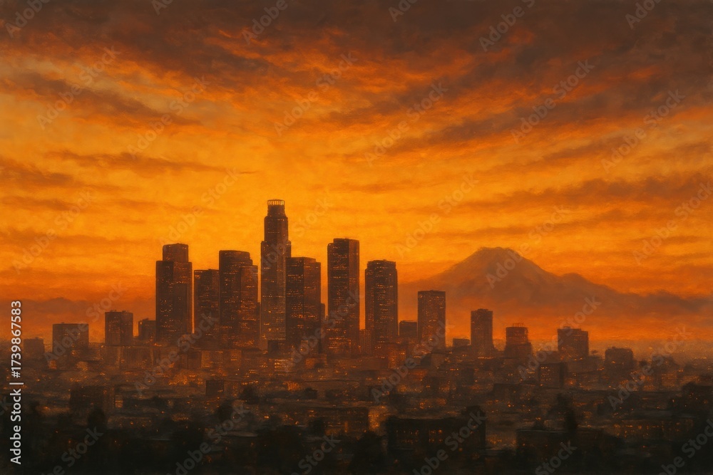 Fototapeta premium Los Angeles downtown skyline at sunset with dramatic orange sky and mountain backdrop, artistic atmospheric. Illustration by Generative AI
