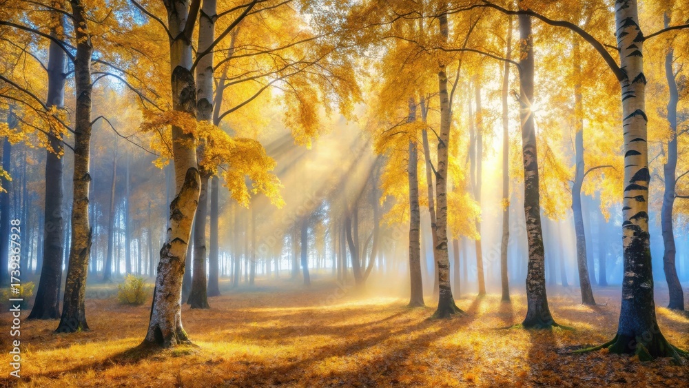 Obraz premium Golden Sunlight Filtering Through Autumnal Birch Forest, Creating a Magical and Serene Atmosphere