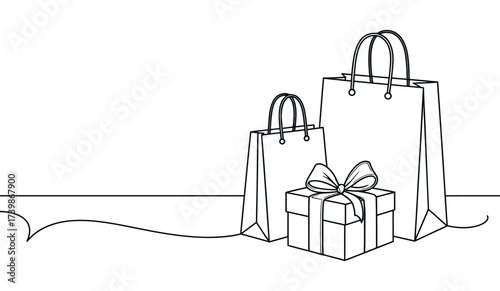 Minimalist line drawing of two shopping bags and a gift box with ribbon, symbolizing retail, celebration, holidays, and gifting concept