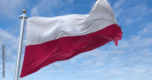 Poland flag with flagpole waving in wind, rolling clouds background looping, 4K video (Perfect Loop)