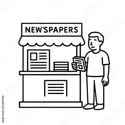 Vector line icon man standing at a newspaper stand on a white background
Vector line icon on a white background
