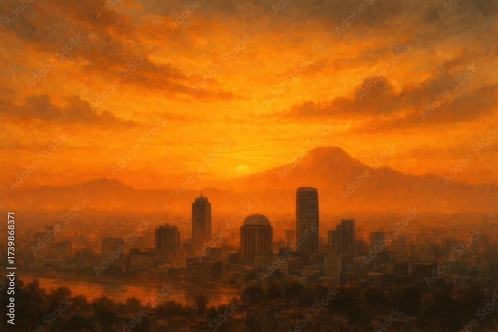 Naklejka premium Sunset cityscape with skyline and mountains in warm orange tones, dramatic sky over Addis Ababa with modern buildings and urban silhouette. Illustration by Generative AI