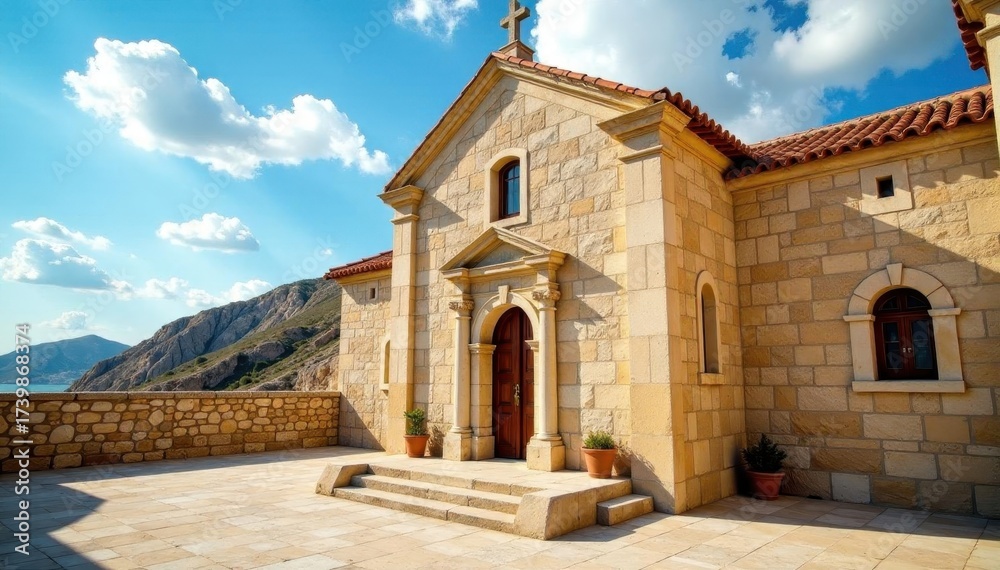 Fototapeta premium Sunlit stone facade of Lazarus church in Larnaca, orthodox, ancient