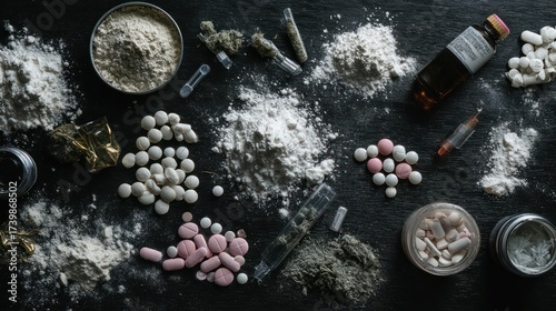 A dark surface displays various illicit substances powders, pills, liquids, and paraphernalia