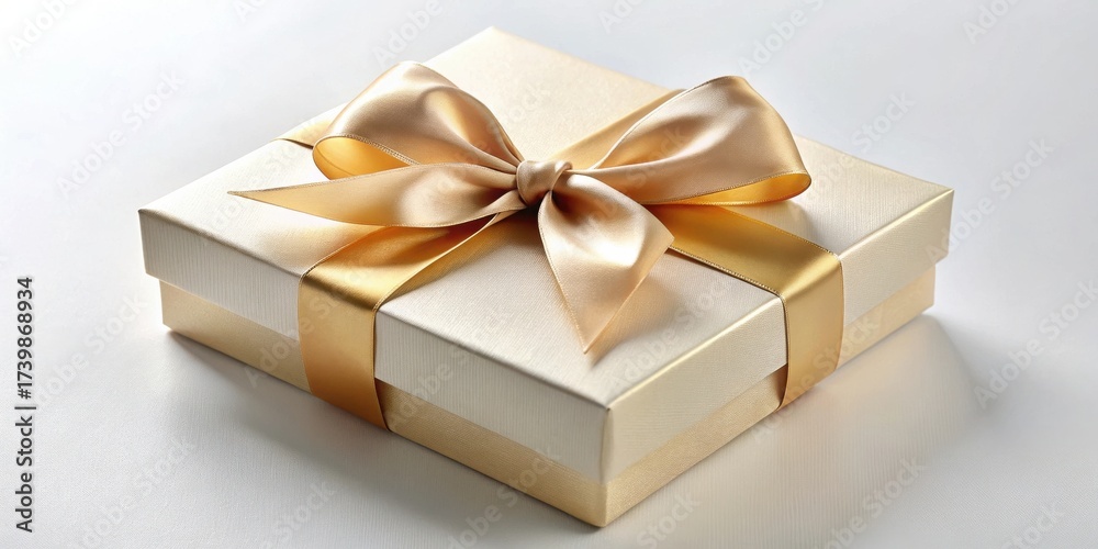 Fototapeta premium Elegant Cream Gift Box with Golden Ribbon Bow, Perfect for Special Occasions