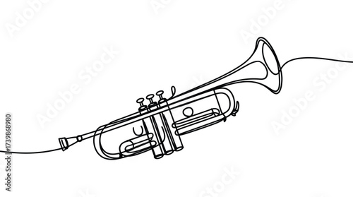 Minimalist line drawing of a trumpet with bell, valves, and mouthpiece, symbolizing music, performance, jazz, and artistic expression concept
