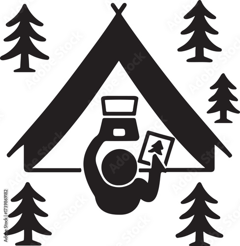 Stylized black and white illustration of a person inside a tent holding a map surrounded by pine trees