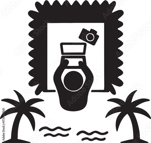 Stylized black and white icon of a sunscreen bottle with a camera and palm trees on a beach with waves