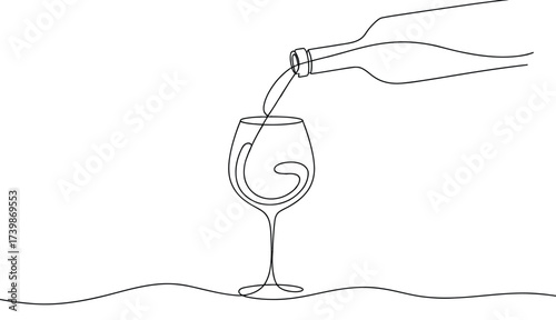 Minimalist line drawing of a bottle pouring liquid into wine glass on table, symbolizing dining, celebration, beverage, and elegant lifestyle