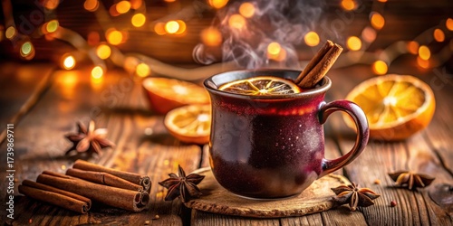 Warm Aromatic Spiced Beverage in Rustic Mug with Festive Lighting