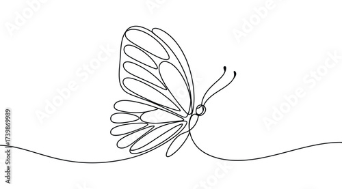 Minimalist line drawing of a butterfly with segmented wings and extended line, symbolizing beauty, transformation, and graceful motion concept