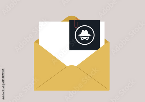A yellow envelope with a white letter shows a malware attachment symbol, This visual highlights cybersecurity risks posed by seemingly innocent email communications.