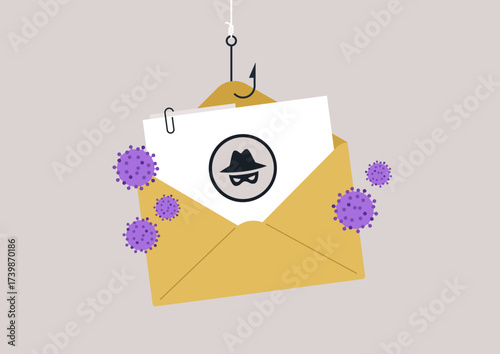 a phishing hook snagging a letter with a malware symbol, This artwork highlights the threat posed by dangerous attachments in emails