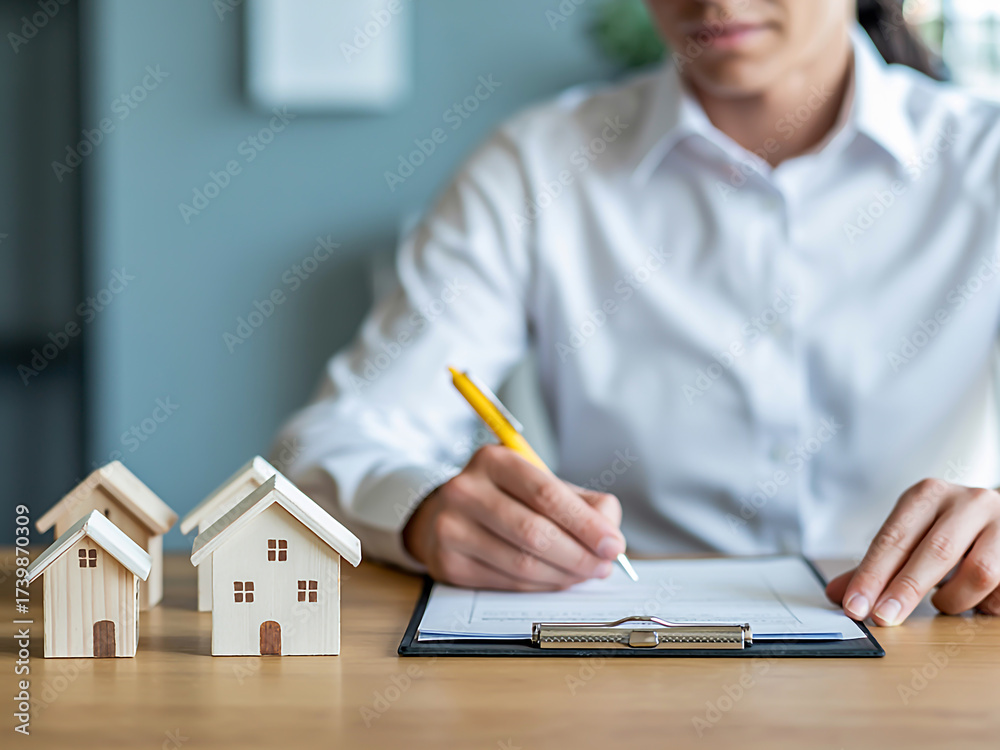 Fototapeta premium A person in a white shirt signs a contract on a clipboard with a yellow pen, next to small wooden house models on a wooden desk, representing real estate or property business transactions