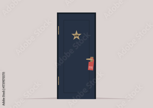 A door marked with a star and the letters VIP stands out, with a red do not disturb sign hanging from the handle, perfectly symbolizing luxury and privacy in an upscale environment.