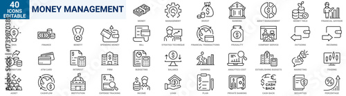 Money Management web line icon set. Containing money management, budgeting, expense, finance, saving, income. Editable Stroke. Vector illustration