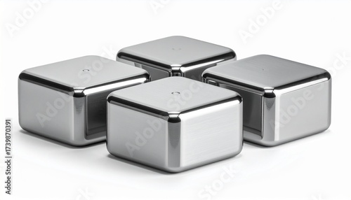 Four polished metal cubes with rounded corners arranged in a square formation on a white background.