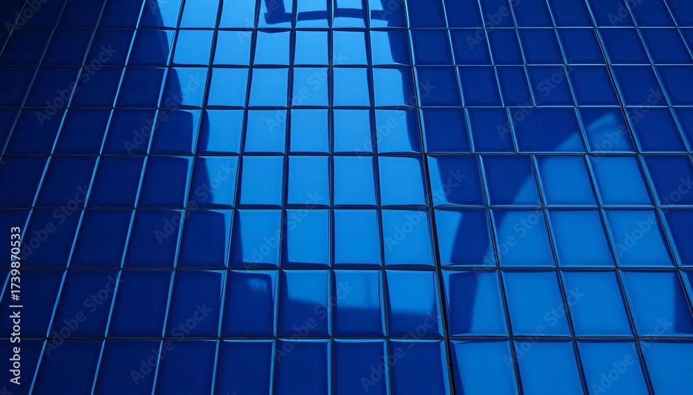 Obraz premium Sleek dark blue glossy tiles, reflective surface, grid pattern, dark blue tiles, backdrop