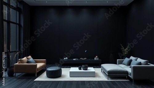 Sleek black wall, minimalist modern living room, dark interior design,   dark interior,  space