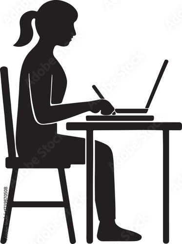 Silhouette of a young woman sitting at a desk focused on her laptop and writing with a pen representing learning and work