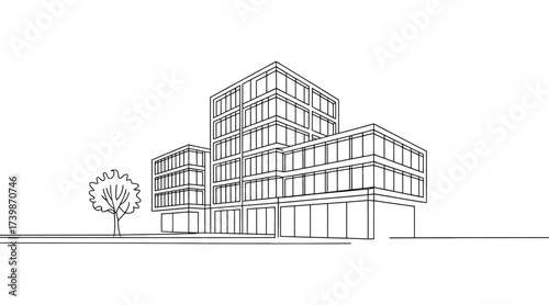 Minimalist line drawing of a modern multi-story building complex with tree, showcasing urban architecture, commercial design, and city planning