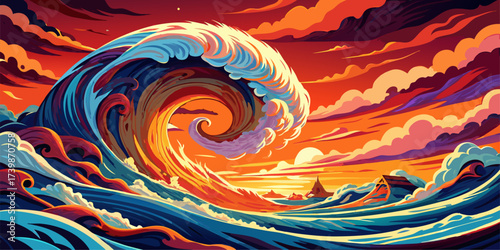 Immerse yourself in the beauty of the Giant Wave Sunset. Perfect for banners, t-shirt designs, wallpapers, or any project requiring dynamic, striking visuals.