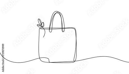 Minimalist line drawing of a tote bag with dual handles and leaf detail, symbolizing eco-friendly fashion, reusable design, and sustainability