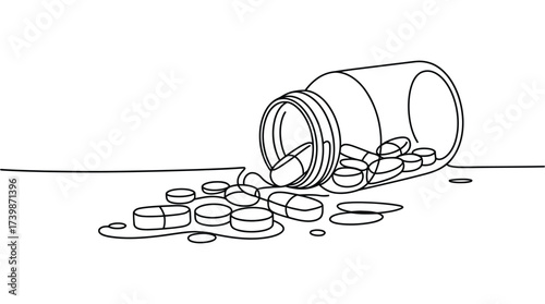 Minimalist line drawing of a tipped pill bottle with scattered tablets, symbolizing medication, pharmaceutical care, and health awareness concept