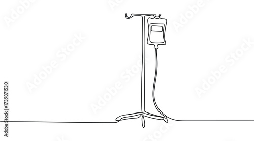 Minimalist line drawing of an IV stand with fluid bag and tubing, symbolizing hospital care, medical treatment, and patient support equipment