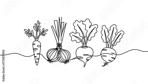 Minimalist line drawing of root vegetables growing underground, including carrot, onion, turnip, and beet, symbolizing nutrition and gardening