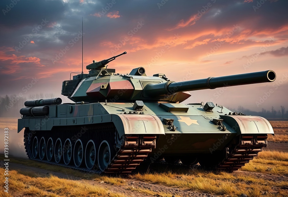 Fototapeta premium Powerful Russian main battle tank, imposing presence on field, USSR, brown