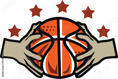 Dynamic Basketball Illustration: Hands Grasping Ball Under Arch of Stars - Sport Achievement Graphic for Team Victory Concepts