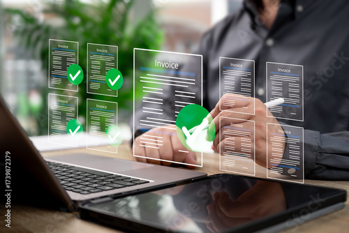 Invoice Digital Document Concept, Businessman Reviewing and Approving Online Invoice, Modern Paperless Office, Financial Transaction Verification, Smart Technology, Business Efficiency, Cost Reduction