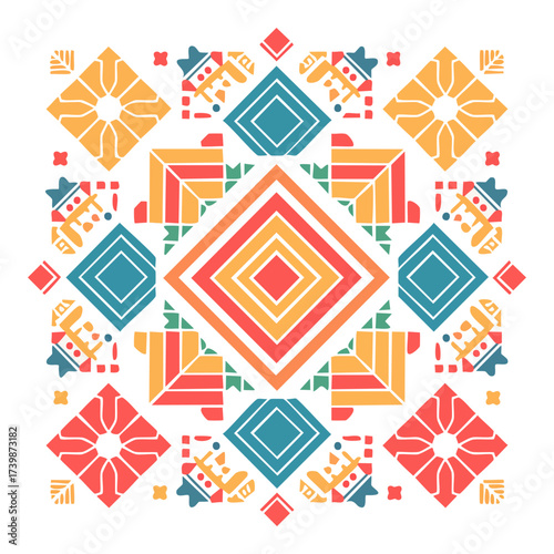 Abstract geometric pattern featuring nested diamonds and square shapes in orange, red, yellow, and blue on a white background.
