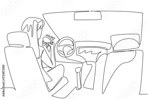 Continuous one line drawing a woman sits in seat of driver of car holds burger with both hands. Technology makes human life easier. Autonomous Vehicle Day. Single line draw design vector illustration