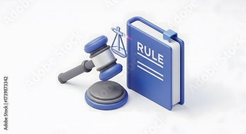 3d illustration of a gavel and a book labeled rule with scales of justice icon