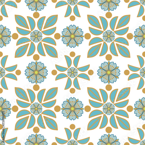 Elegant floral and geometric vector pattern with blue, yellow, and gold decorative shapes on white background.